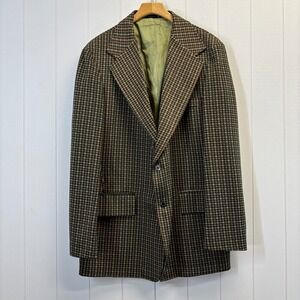 Vintage Mens 60s 70s Groovy Retro Plaid Blazer Sports Coat Size 50R Green Lined